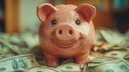 A smiling pink piggy bank placed on a stack of dollar bills in a modern, warm-lit room.の素材