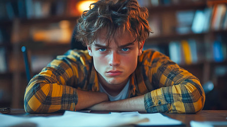 Young man looks frustrated at a cluttered desk, with sunlight streaming through the office window, creating a warm glow in the room.の素材