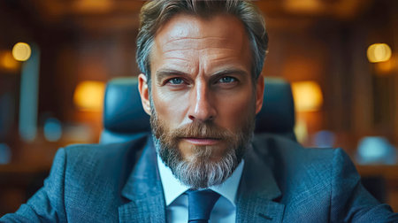 Mature businessman with intense gaze, sitting in a sophisticated office setting, exuding professionalism and confidence.の素材
