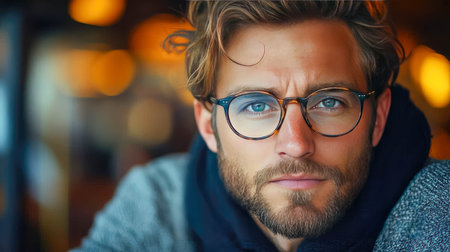 Close-up portrait of a thoughtful young man with glasses, focused expression, blurred background.の素材