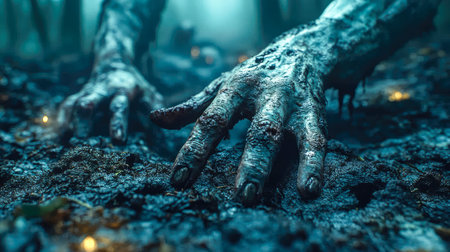 Gnarled zombie hands rising from a muddy forest floor, creating an eerie horror scene with fog in the background. Ideal for horror or Halloween themes.の素材