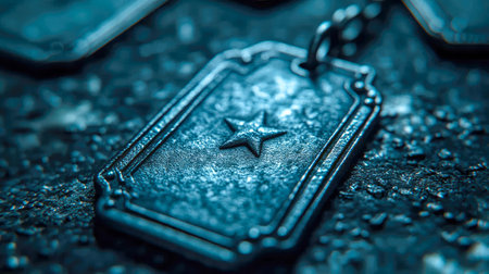 Rustic military dog tag with American flag design, symbolizing patriotism and honor, set against a dark, rough surface,の素材