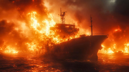 A massive ship engulfed in flames, emitting thick black smoke, against a dark, ominous sky.の素材