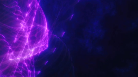 Vivid pink and purple neon light waves against a dark background. Futuristic abstract art with a...