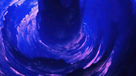 Vivid neon swirl of pink and purple lights forming a vortex in deep space, conveying energy and cosmic motion. Perfect for futuristic and science fiction concepts.の写真素材