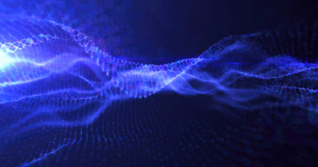 Abstract blue wave light pattern resembling a digital or organic flow, with a soft glow and...