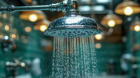 A steaming showerhead releasing water in a modern bathroom setting, emphasizing hygiene, relaxation, and water flow concepts.の写真素材