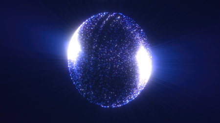 A blue sphere dotted with lights, floating in a dark expanse, reminiscent of a celestial body in a distant galaxy, highlighting abstract and digital art elements.の写真素材