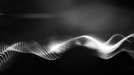 A black and white abstract wave of particles and light, offering a sleek, futuristic energy flow in a minimalistic style.の写真素材