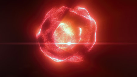 Abstract red particles creating a swirling luminous sphere shape against a dark background with a bright central glow resembling fire or plasma background.の写真素材