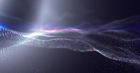 Abstract purple and blue digital wave pattern, creating a vivid and energetic visual with a blend of...