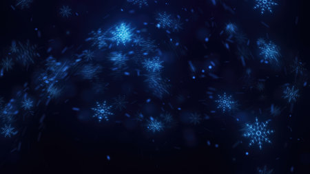 Luminescent blue snowflakes in a dark atmosphere, creating a cold, enchanting winter design.の写真素材