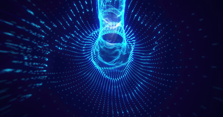Dynamic blue neon light trails forming wave-like tunnel patterns in a dark digital space,...