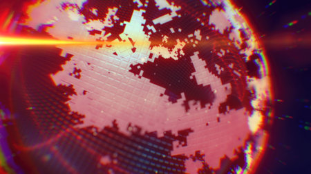 A digital representation of Earth in vibrant red and orange hues with pixelated textures, radiating...