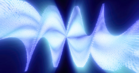 Abstract digital art depicting a flow of light particles forming a wave shape in vivid blue, symbolizing technology, energy, and futuristic design.の写真素材