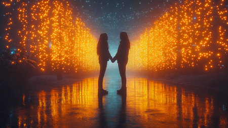 Two people holding hands, silhouetted under a canopy of glowing orange lights in a dreamy, reflective setting.の写真素材