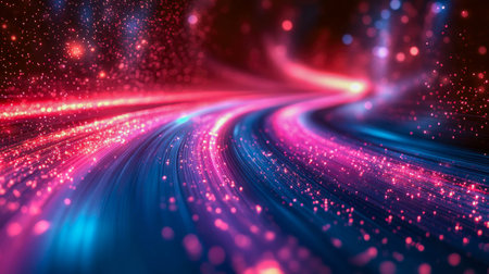 Dynamic laser light show with vivid red, pink, and blue beams, showcasing a futuristic and electrifying atmosphere.の写真素材