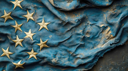 A vintage blue flag with golden embroidered stars, showing a weathered texture and rugged details.の写真素材