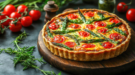 Freshly baked vegetable quiche with colorful toppings of cherry tomatoes, asparagus, and herbs on a wooden cutting board.の写真素材