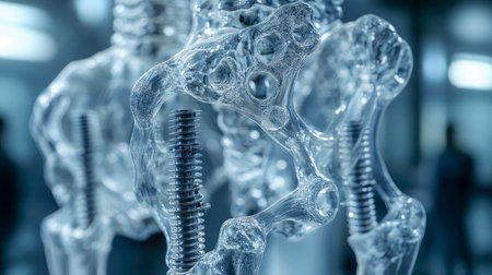 Close-up of a futuristic biomechanical skeleton with metallic joints, showcasing a fusion of anatomy and technology in a modern, sterile environmen.の写真素材