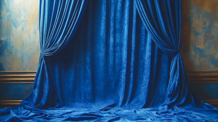 A plush blue velvet curtain draped elegantly against a golden textured wall, exuding sophistication.の写真素材