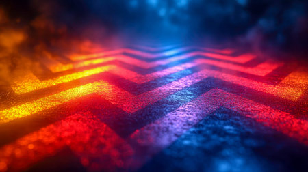 Glowing red, orange, and yellow zigzag patterns on a textured floor, enhanced by dramatic colored...