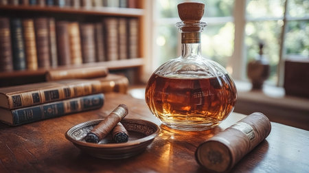 Elegant whiskey decanter with a glass, books, and warm sunlight on a wooden table, creating a sophisticated ambiance.の写真素材