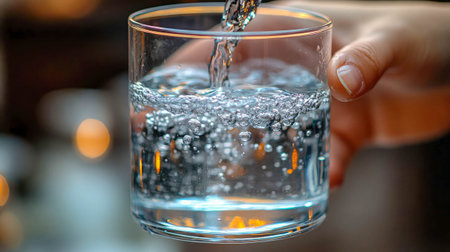 Fresh sparkling water being poured into a glass with ice, surrounded by a green natural setting for...