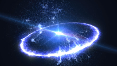 Bright white energy ring with electric texture on a blue gradient background. Futuristic and...