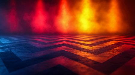 Glowing red, orange, and yellow zigzag patterns on a textured floor, enhanced by dramatic colored lighting, perfect for abstract or futuristic design concepts.の素材
