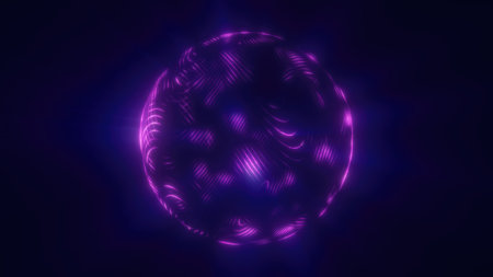 A glowing purple sphere with intricate neon-like patterns floating in a dark background, resembling futuristic technology or abstract digital art.の写真素材