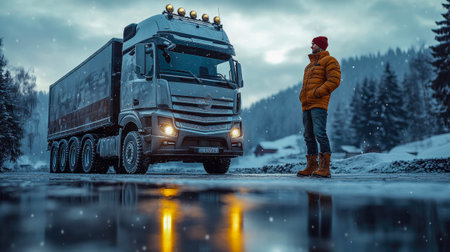A trucker stands beside a heavy-duty truck in a snowy, mountainous landscape, symbolizing long-haul transportation and resilience in extreme weather.の素材