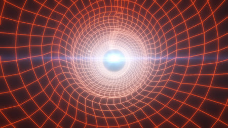 A warm-toned digital tunnel with orange wireframe gridlines surrounding a glowing central sphere,...