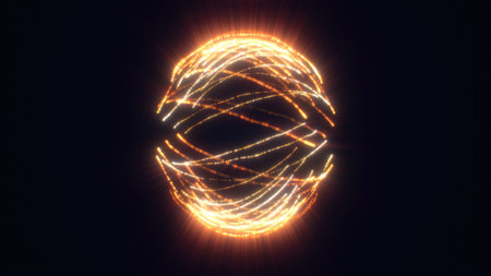A golden, swirling form of light against a dark backdrop, evoking the essence of energy and motion in an abstract digital art style sphere.の写真素材