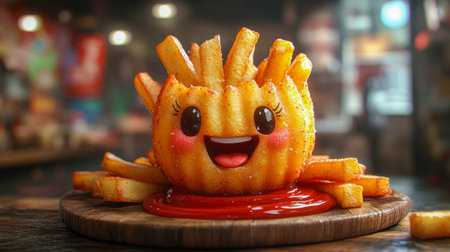 A creative and playful presentation of French fries with a happy face, sitting in ketchup on a wooden plate.の素材