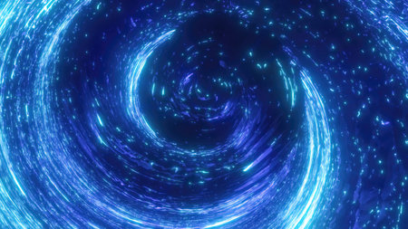 A luminous blue swirl forming a bright cosmic vortex in deep space, filled with light trails and radiance, conveying a sense of infinite mystery.の写真素材