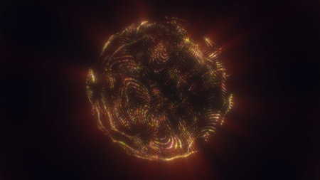 A golden-hued glowing sphere made of intricate light patterns floating in a dark void.