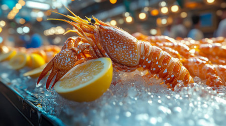 Fresh seafood display with shrimp on ice garnished with parsley and lemon slices, capturing the texture and vibrant color in high detail.の素材