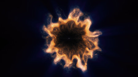 A fiery, orange glowing sphere with dynamic edges, radiating light and energy on a dark background,...