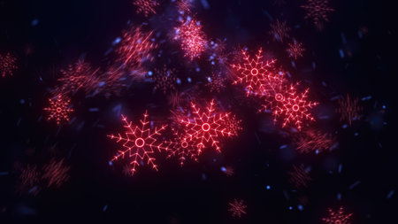 Vibrant red snowflakes glowing against a dark background, conveying a festive and energetic holiday theme.の写真素材