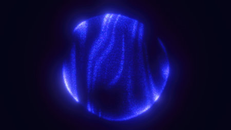 Futuristic glowing blue sphere composed of digital lines and dots on a dark background, representing...