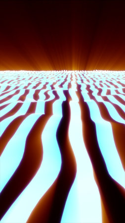 A surreal abstract landscape with wavy, glowing blue and orange patterns extending into the horizon,...