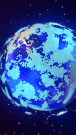 A digital artwork of a pixelated blue globe with a futuristic cyber theme. The glowing details and...
