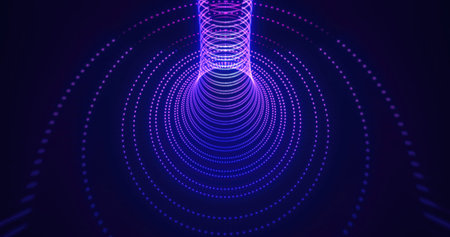 Abstract tunnel of glowing purple dots forming a vortex-like design, futuristic digital visualization in a dark background.の写真素材