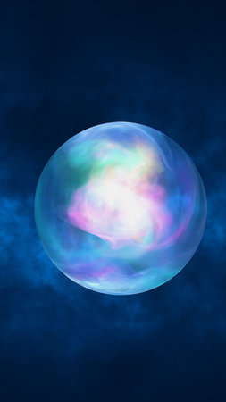 A luminous multi-colored energy sphere floating in deep space, radiating light and cosmic power....