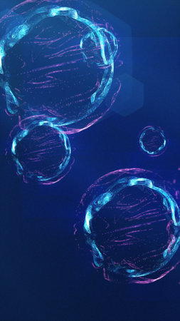 Abstract energy spheres in blue and pink floating against a dark background, depicting a futuristic and dynamic concept.の写真素材