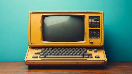A vintage desktop computer sits on a wooden desk surrounded by plants and office supplies, evoking nostalgia for old technology in a warm, retro workspace.の素材