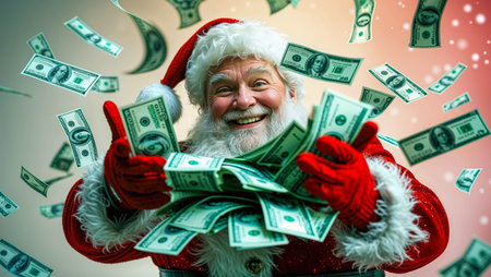 Cheerful Santa Claus joyfully tossing dollar bills in the air, capturing a festive and prosperous holiday atmosphere.の写真素材
