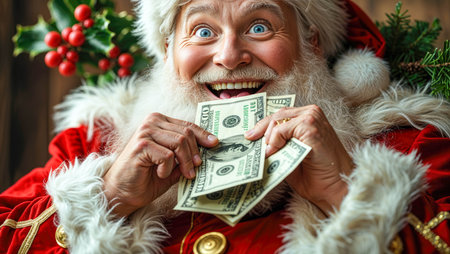 Wide-eyed Santa grinning with excitement while fanning out dollar bills in a joyful holiday setting.の写真素材