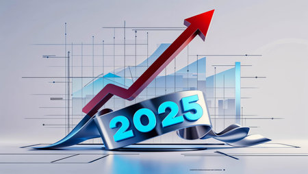 Futuristic chart with a bold red arrow rising above 3D text 2025, symbolizing growth and upward...